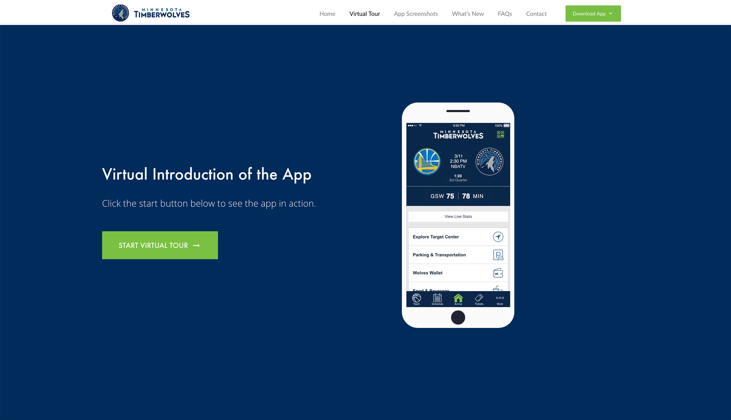 Timberwolves Mobile App, Virtual Tour, Desktop View